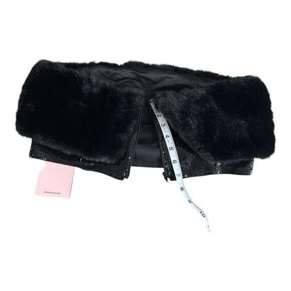 AVEC LES FILLES Crop Top NWT Black on Black Zip Sequin Bottom Faux Fur Top Large - Picture 11 of 13